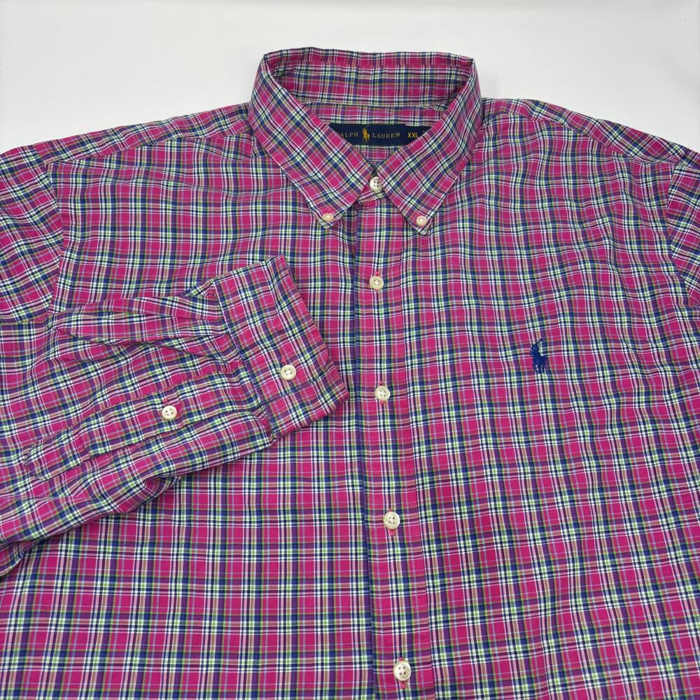 Ralph Lauren 2XL Pink Green Check Plaid Long Sleeve Button Down Shirt